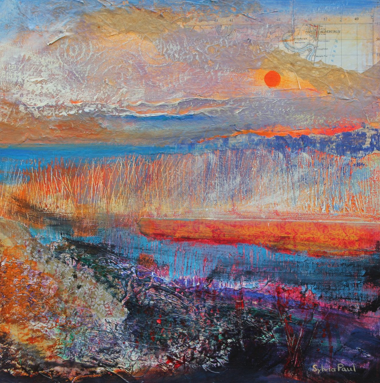 Marsh Sunset 2013, akryylipaperikollaasi tekijältä Sylvia Paul