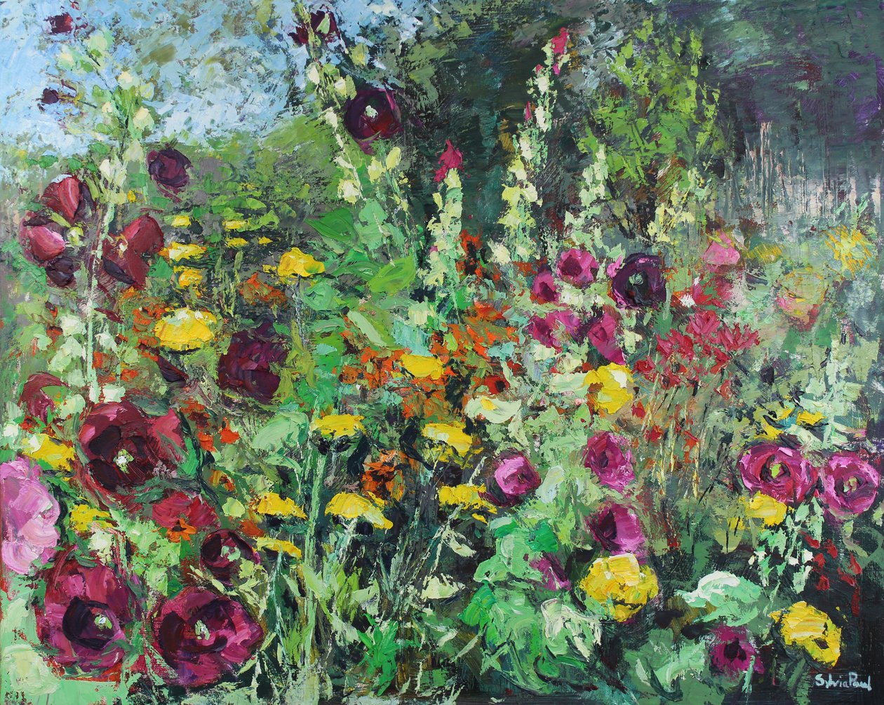 Hollyhock Garden, 2021 (öljy kankaalle) tekijältä Sylvia Paul
