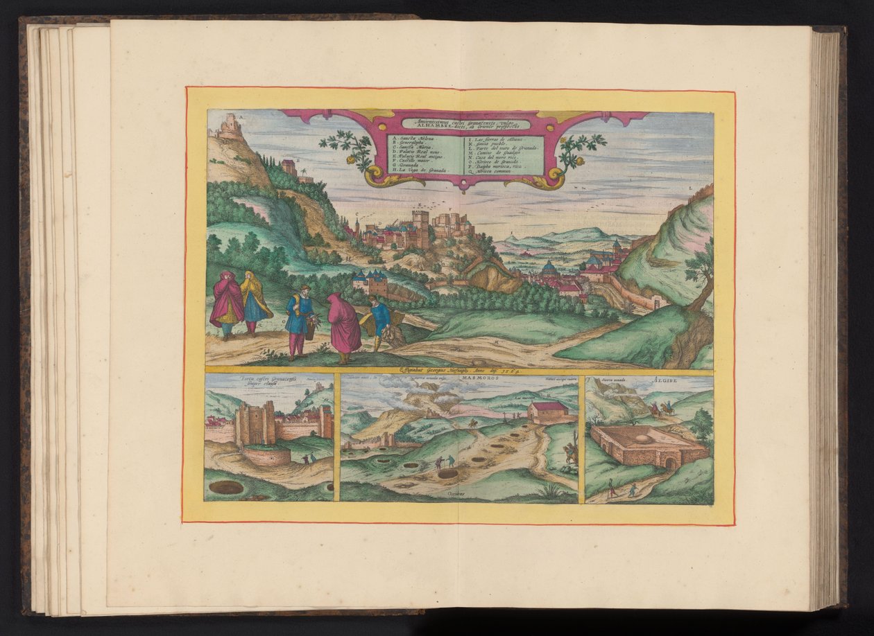 Gezicht op het Alhambra en de stad Granada Granadan kaunein linna, jota kutsutaan yleisesti Alhambraksi, idästä katsottuna (otsikko esineessä) tekijältä Symon Novelanus (possibly)