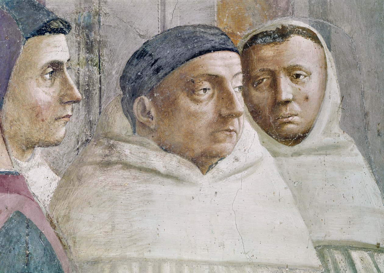 Yksityiskohta kahdesta munkista, teofiluksen pojan ylösnousemuksesta ja Pyhä Pietari Antiokian ensimmäisenä piispana, n.1427 ja n.1484-85 (yksityiskohta kuvasta 63302). tekijältä Tommaso Masaccio