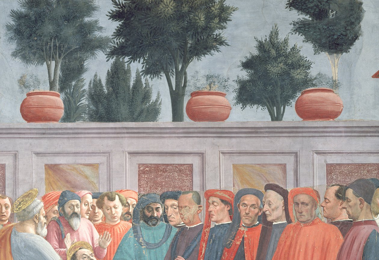 Taustaseinän alapuolella olevien ihmisten päät Theofiluksen pojan herättämisestä ja Antiokian ensimmäisenä piispana noussut Pyhä Pietari, n. 1427 ja n. 1484–1485 (63302:n yksityiskohta) tekijältä Tommaso Masaccio