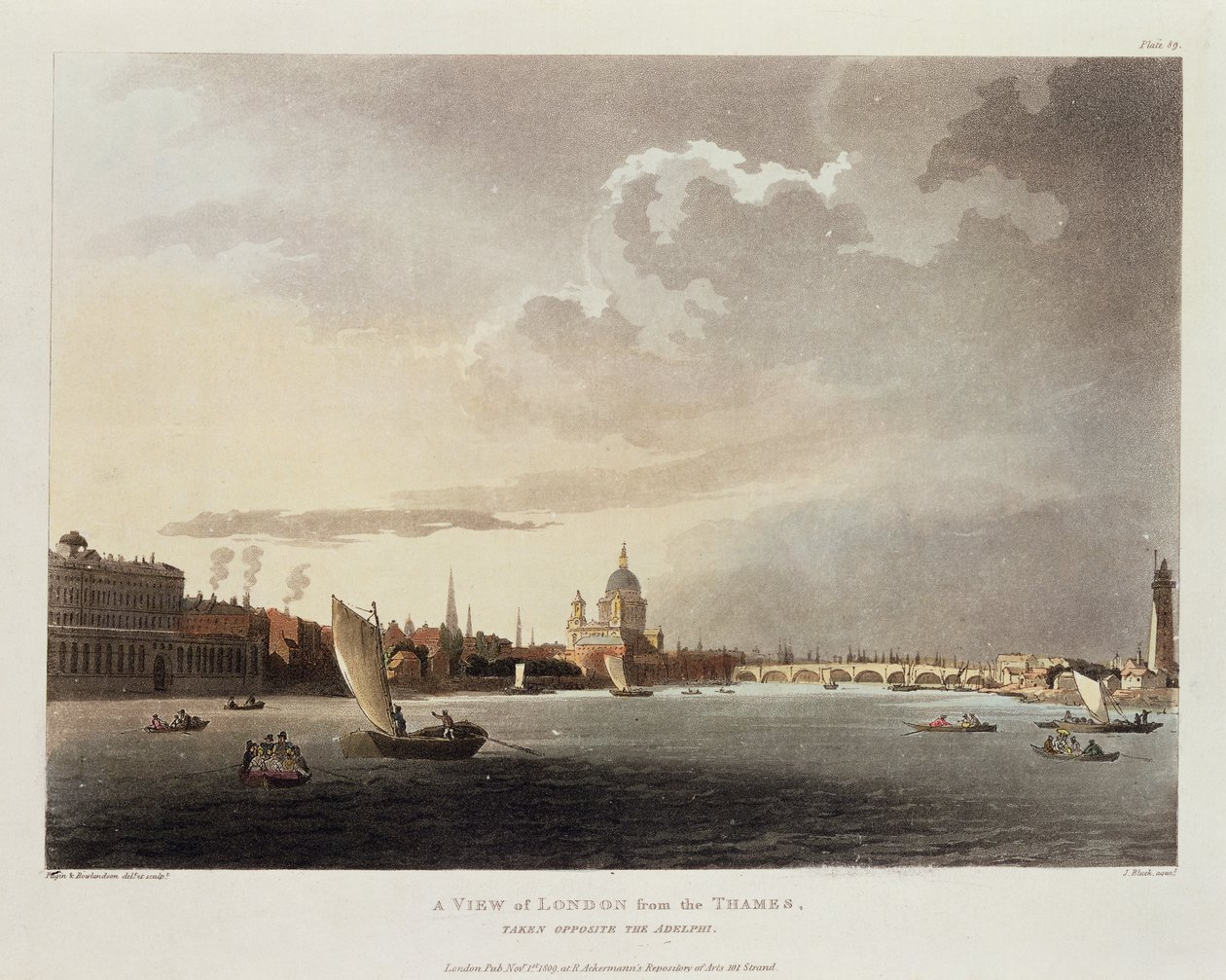 Näkymä Lontooseen Thames-joelta, 1809 tekijältä Pugin and Rowlandson