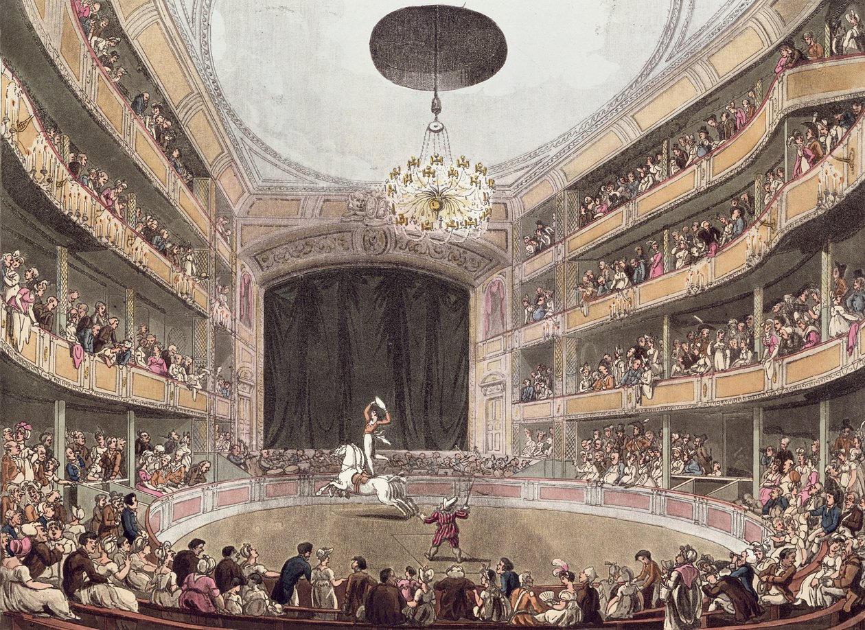 Astleyn amfiteatteri Ackermannin Lontoon mikrokosmosta tekijältä Pugin and Rowlandson