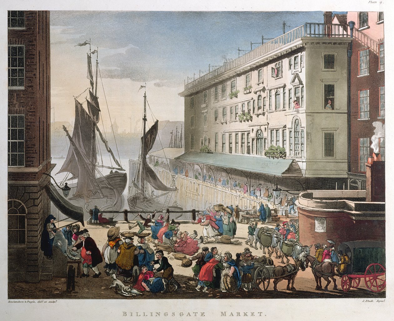 Billingsgate Market, Lontoo, julkaistu 1. maaliskuuta 1808 (akvatinta) tekijältä Pugin and Rowlandson