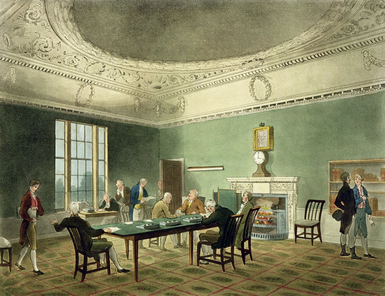Board of Trade, Ackermannin Lontoon mikrokosmoksesta, kaiverrettu Thomas Sunderlandin (1798) kaiverruksella, 1809 (akvatintta). tekijältä Pugin and Rowlandson