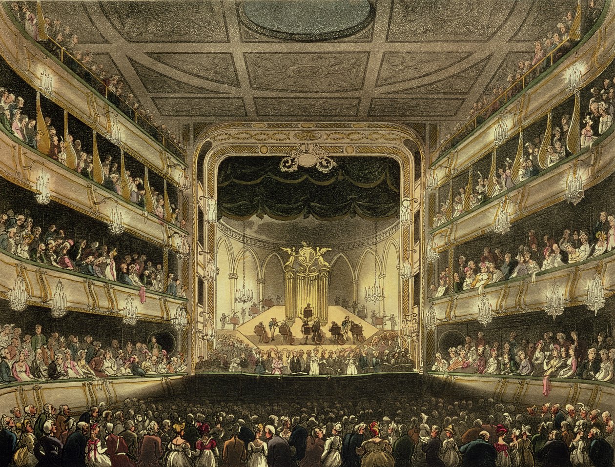 Covent Garden Theatre, 1808, Ackermannin Lontoon mikrokosmosta, kaivertanut J. Bluck (fl.1791-1831) (akvatinta) tekijältä Pugin and Rowlandson
