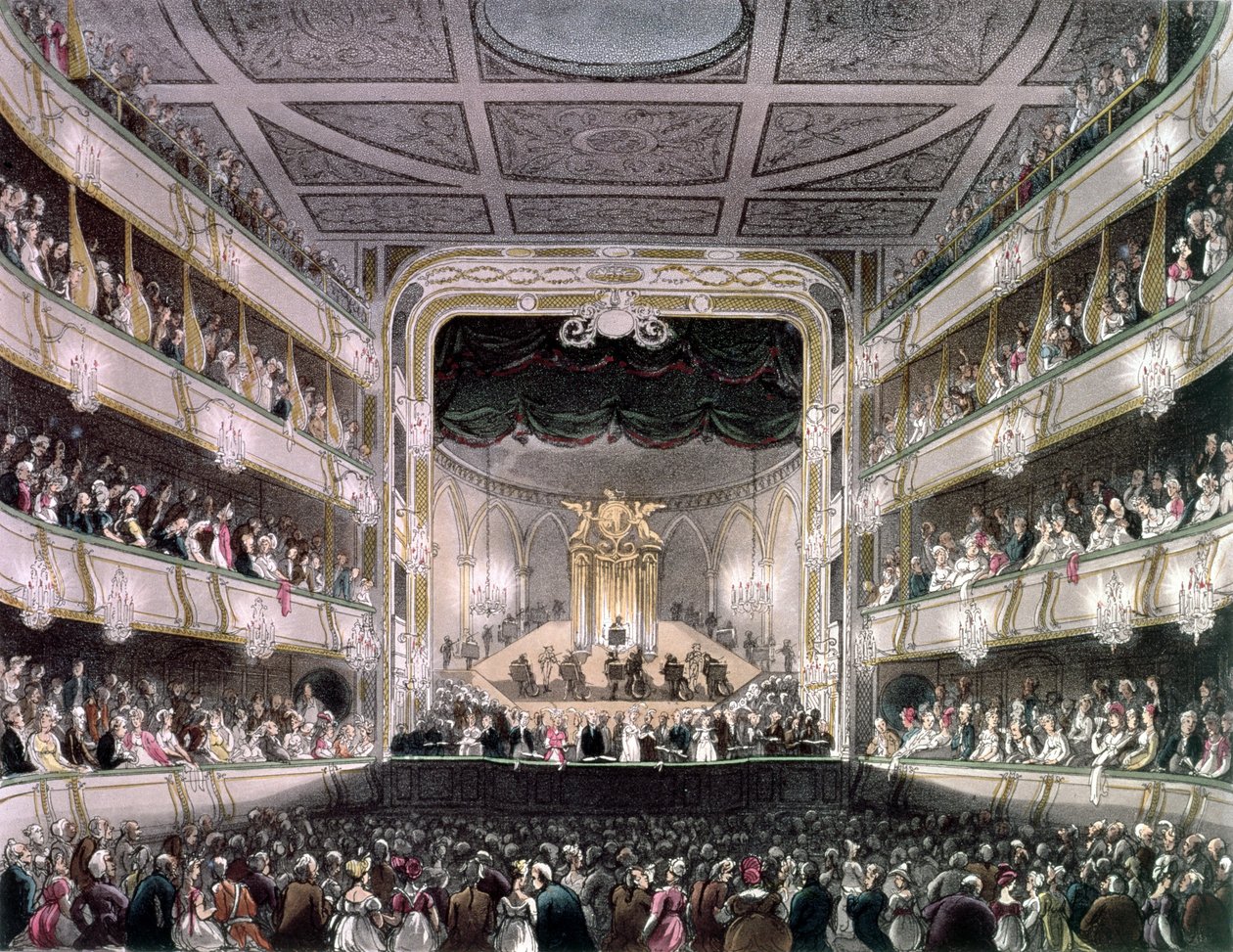 Covent Garden Theatre, 1808, J. Bluckin (fl. 1791-1831) kaiverruksesta "Ackermann