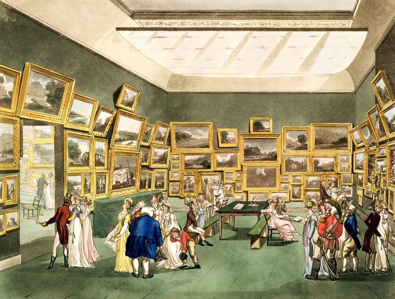 Akvarellimaalareiden yhdistyksen akvarellipiirrosten näyttely "The Microcosm of Londonista", kaiverrus J. C. Stadler (fl.1780-1812), pub. kirjoittanut R. Ackermann (1764-1831) 1808 (aquati tekijältä Pugin and Rowlandson