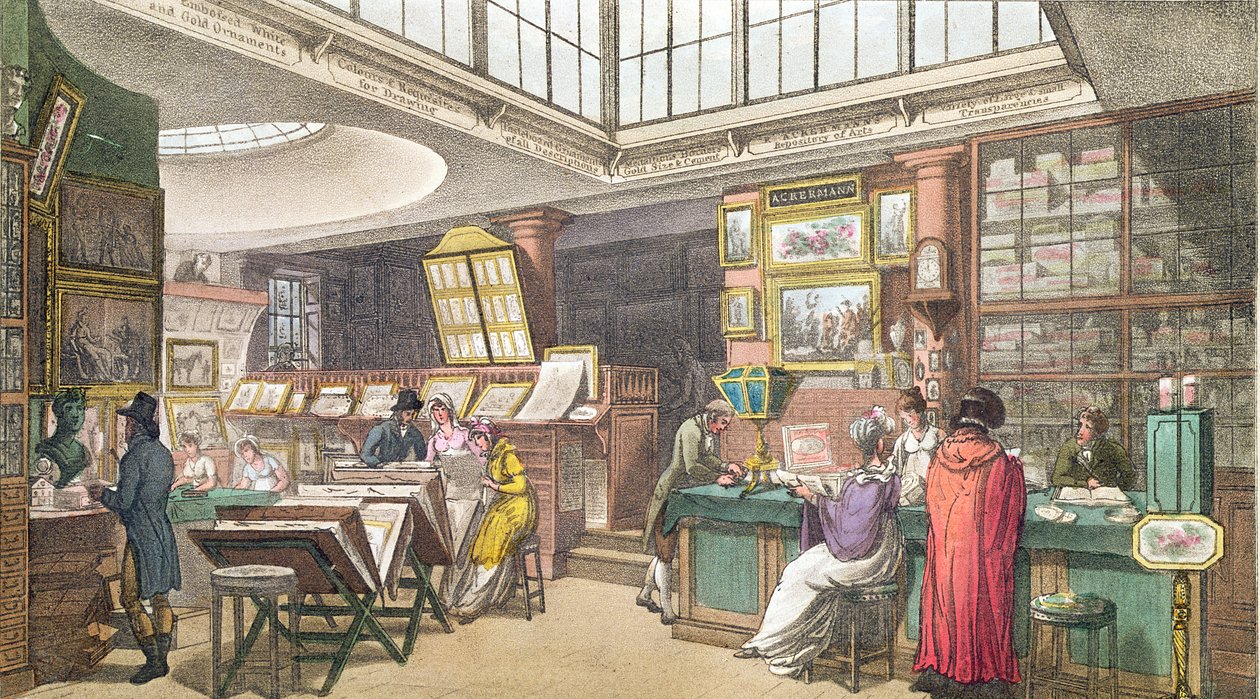 Sisustus Ackermannin taiteiden, kirjallisuuden, kaupan, valmistuksen, muotin ja politiikan arkistosta, julkaistu 1809-28 tekijältä Pugin and Rowlandson