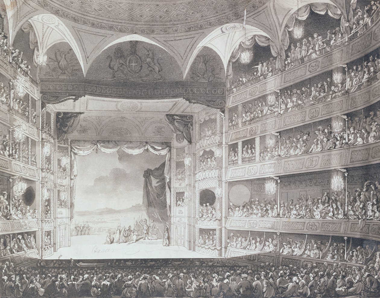 Drury Lane -teatterin sisustus, Lontoo, 1808 (akvatinta) tekijältä Pugin and Rowlandson