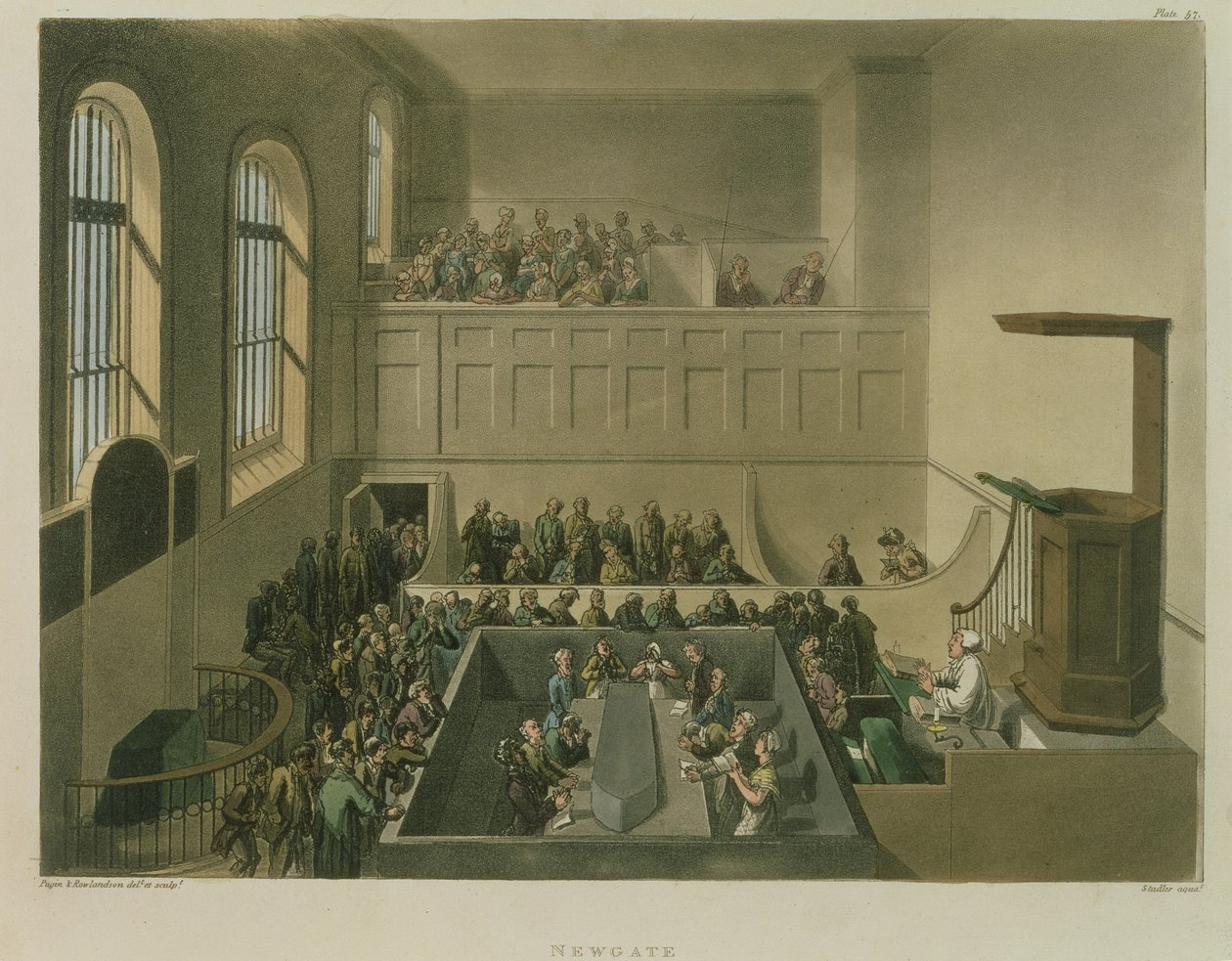 Newgate Chapel, kaiverrus Joseph Constantine Stadler (fl.1780-1812) pub. kirjoittanut R. Ackermann, 1809 (akvatinta) tekijältä Pugin and Rowlandson