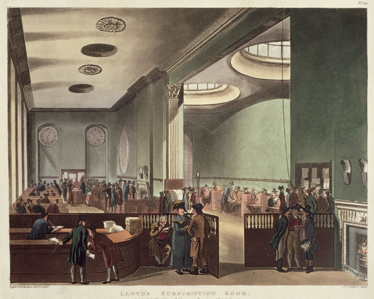 Royal Exchange, Lloyds Subscription Room, Ackermannin "Microcosm of London", 1809 (väriakvatinta) tekijältä Pugin and Rowlandson