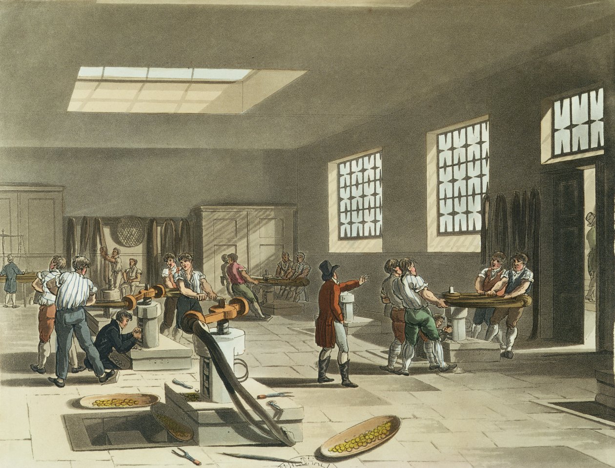 Royal Mint, leimaushuone Ackermannin "Lontoon mikrokosmosta" tekijältä Pugin and Rowlandson