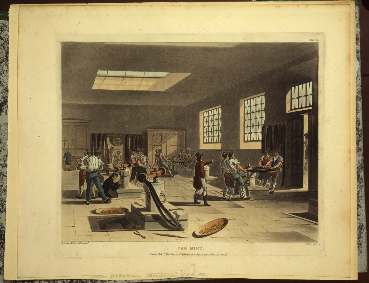 Ruuvipuristimet Royal Mint in the Towerissa, julkaisija R. Ackerman, 1809 tekijältä Pugin and Rowlandson