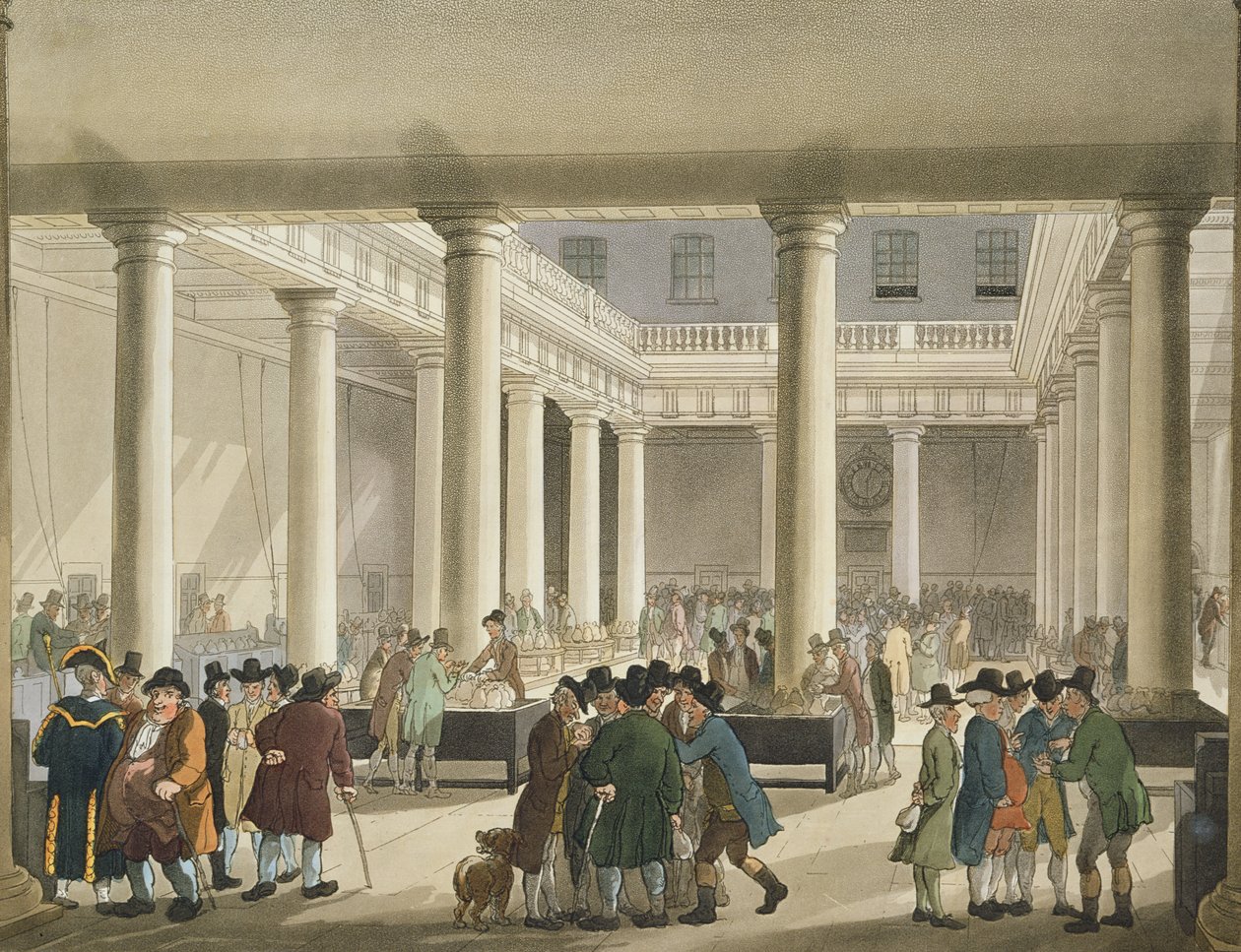 Maissinvaihto Ackermannin "Lontoon mikrokosmosta", 1808 (akvatinta) tekijältä Pugin and Rowlandson