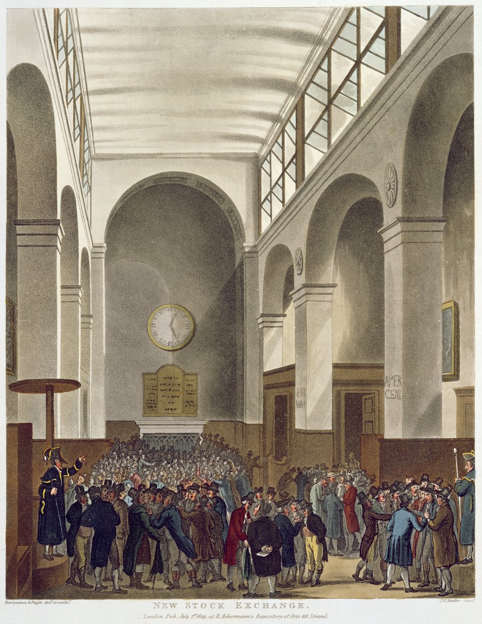 The New Stock Exchange, Bartholomew Lane, Ackermannin "Microcosm of London", julkaistu 1809 (värillinen akvatinta) tekijältä Pugin and Rowlandson