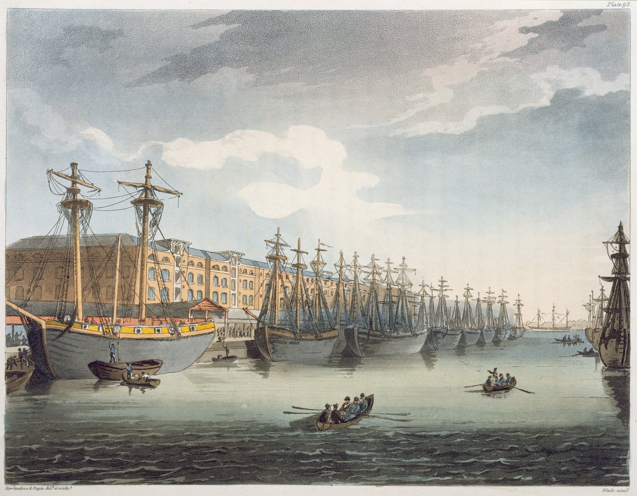 West India Docks, 1809 tekijältä Pugin and Rowlandson