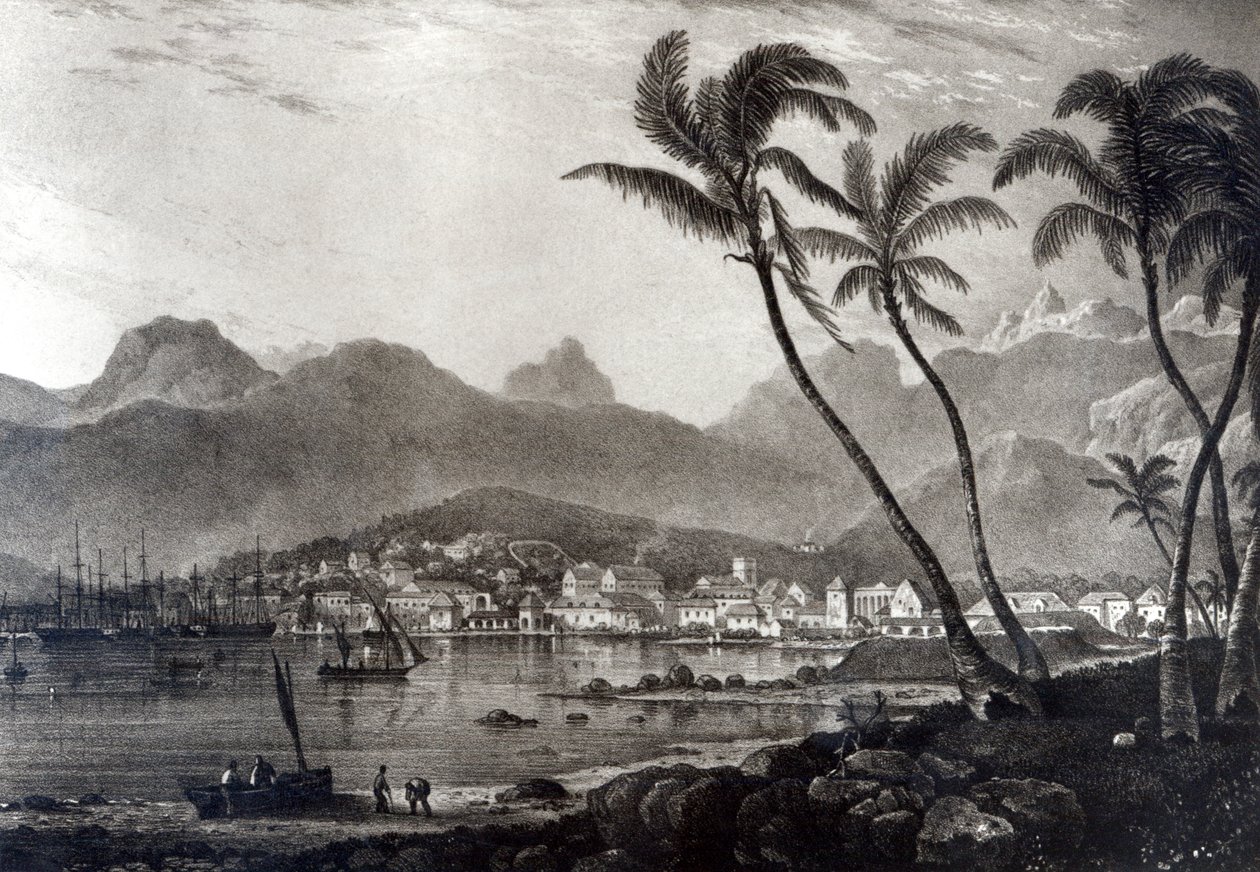 Port Louis T. Bradshawin teoksesta "Näkymät Mauritiukselle", kaivertanut William Rider, 1831 tekijältä T. Bradshaw