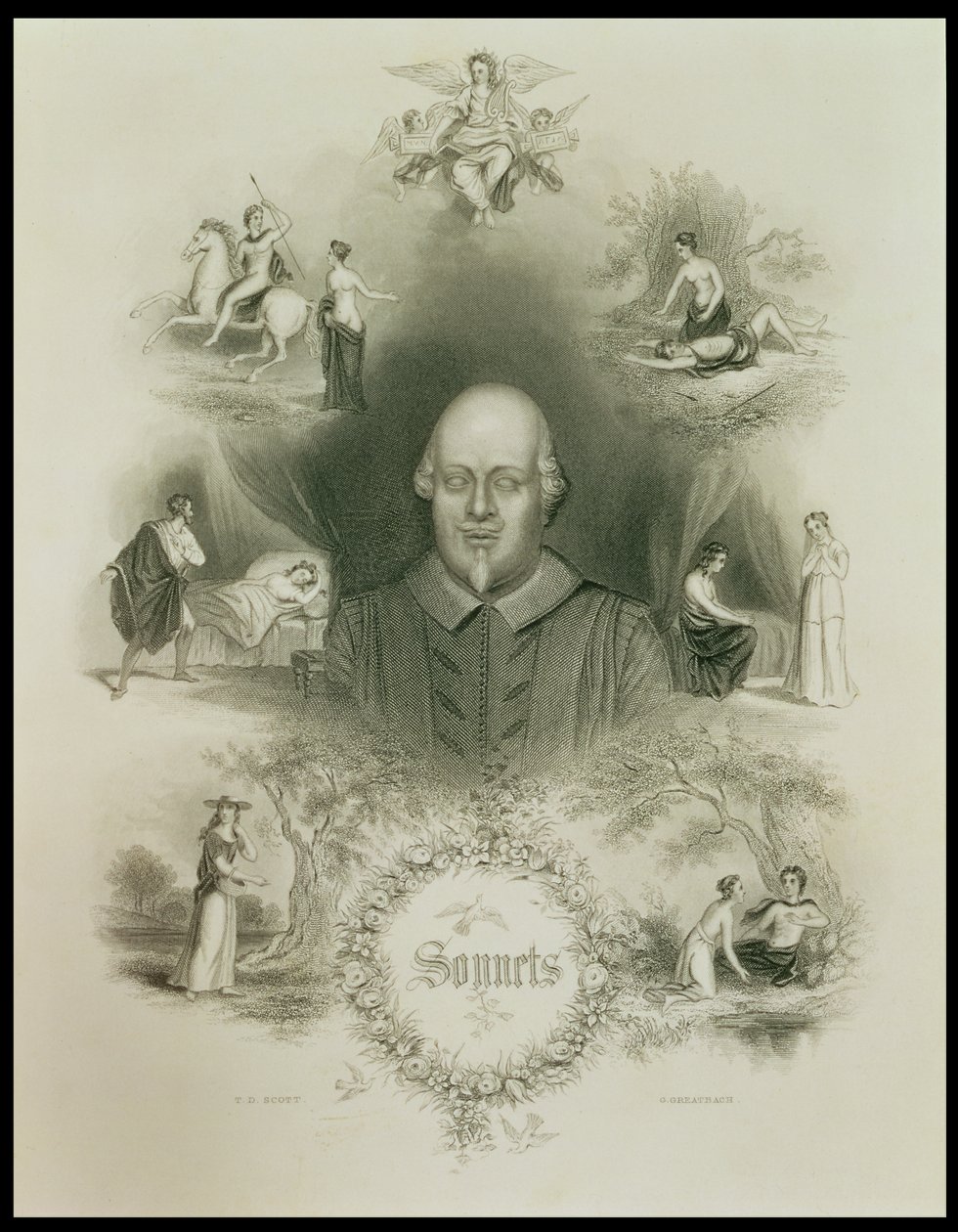 Etukappale "Sonetteille", "The Complete Works of Shakespeare", tarkistanut J. O. Halliwell, kaivertanut G. Greatbach tekijältä T. D. Scott