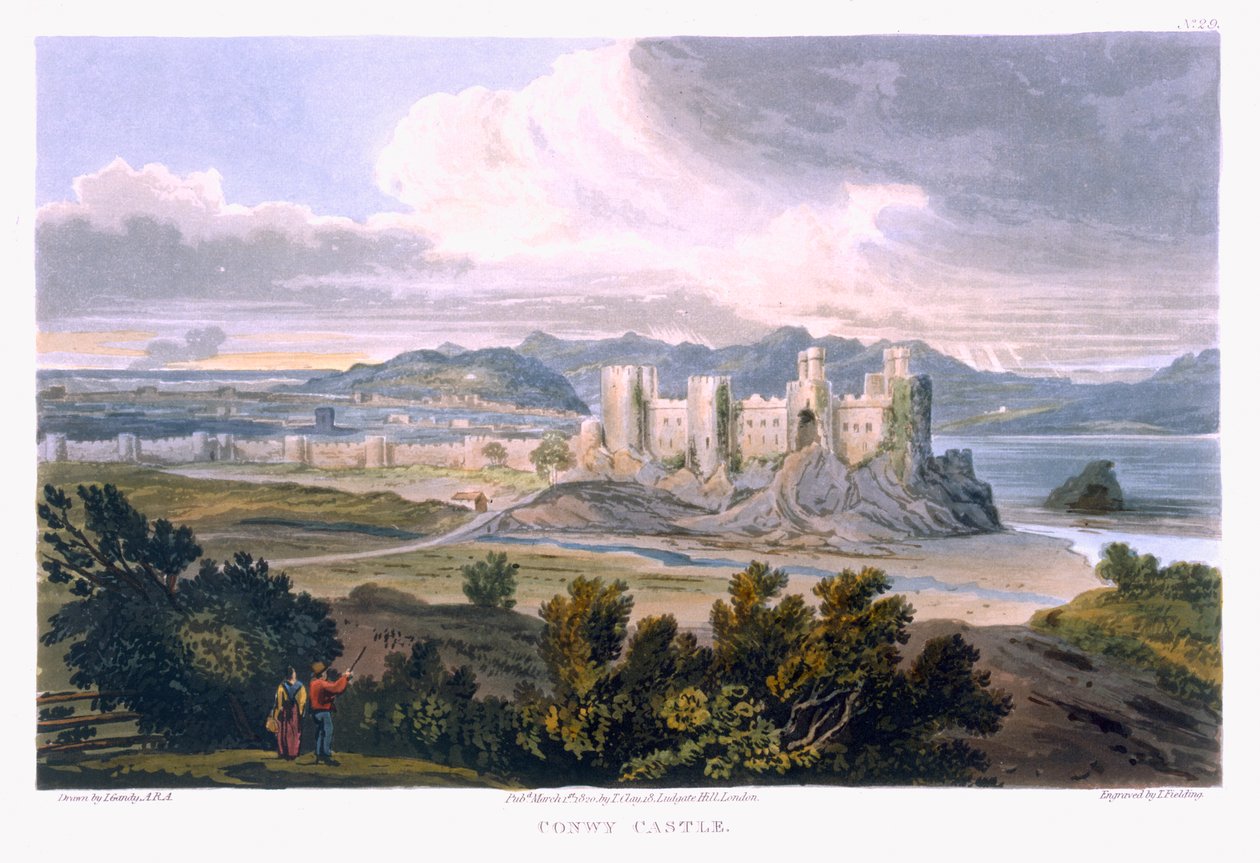 Conwyn linna, 1820 (värikaiverrus) tekijältä T. Gandy