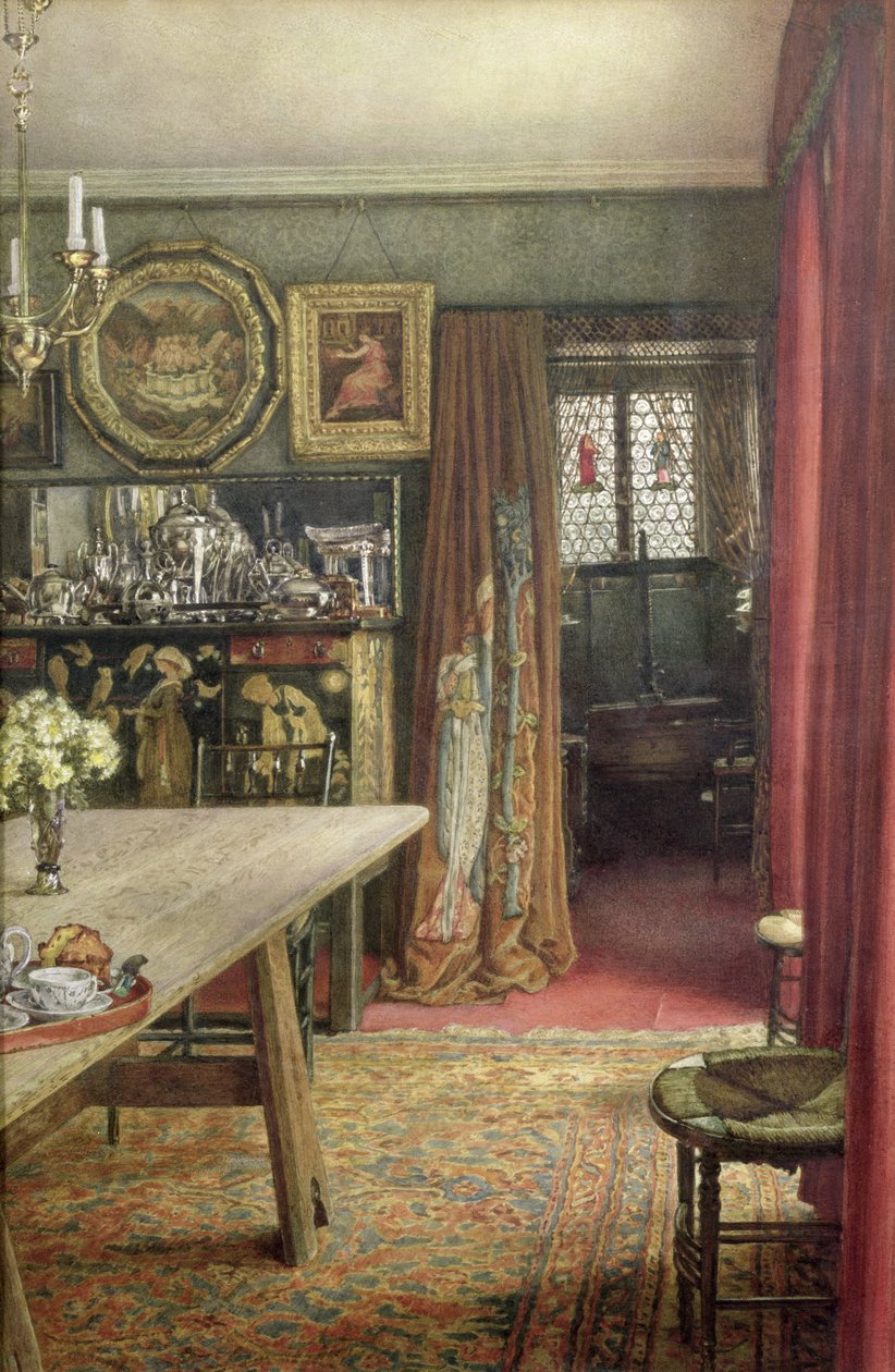 Sisäkuva The Grangesta, North End Roadista, Fulhamista, Edward Burne-Jonesin (1833-98) kotista (wc paperilla) tekijältä T. M. Rook