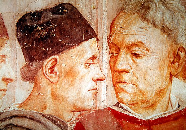 Yksityiskohta arvohenkilöistä, Theofiluksen pojan herättämisestä ja Antiokian ensimmäisenä piispana valtaistuimesta Pietarista, n. 1427 ja n. 1484–1485 tekijältä Tommaso Masaccio