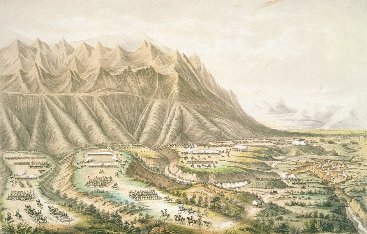 Buena Vistan taistelu, näkymä taistelualueelle ja "Angosturan" taistelu, joka käytiin lähellä Buena Vistaa, Meksiko, 23. helmikuuta 1847 (värilitho) tekijältä T. Palmer