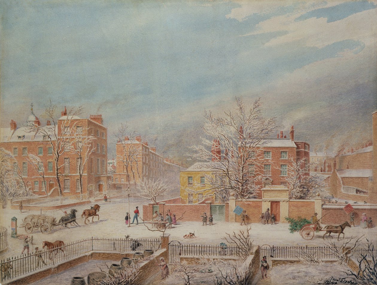 Marylebone Road Lisson Groven ja Stingo Lanen risteyksessä, jossa näkyy filologinen koulu talvella, 1849 tekijältä T. Paul Fisher