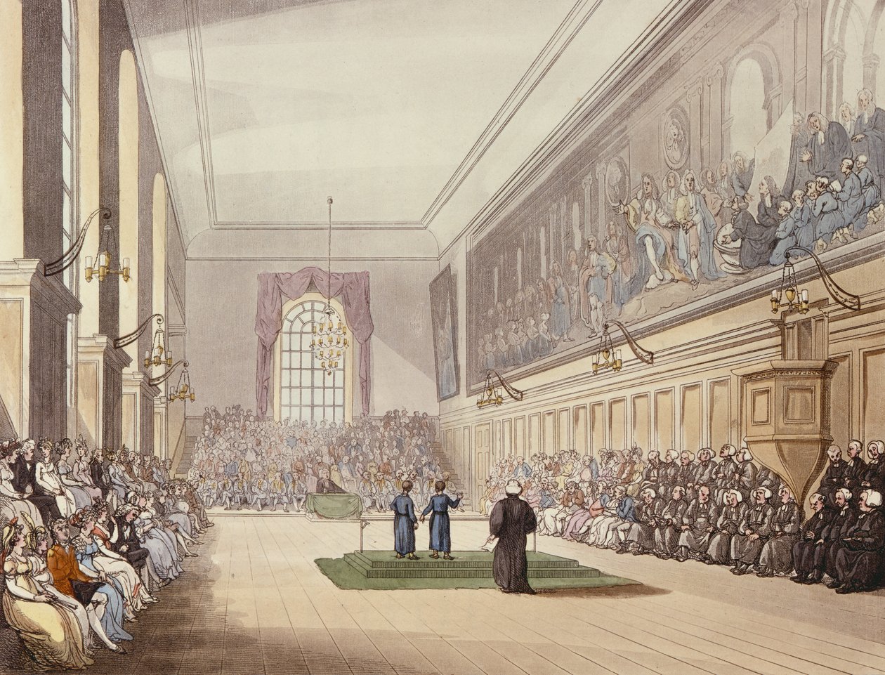 The Hall, Blue Coat School, "Ackermannin Microcosm of London", kaiverrus J. Hill, 1808 tekijältä T. Rowlandson