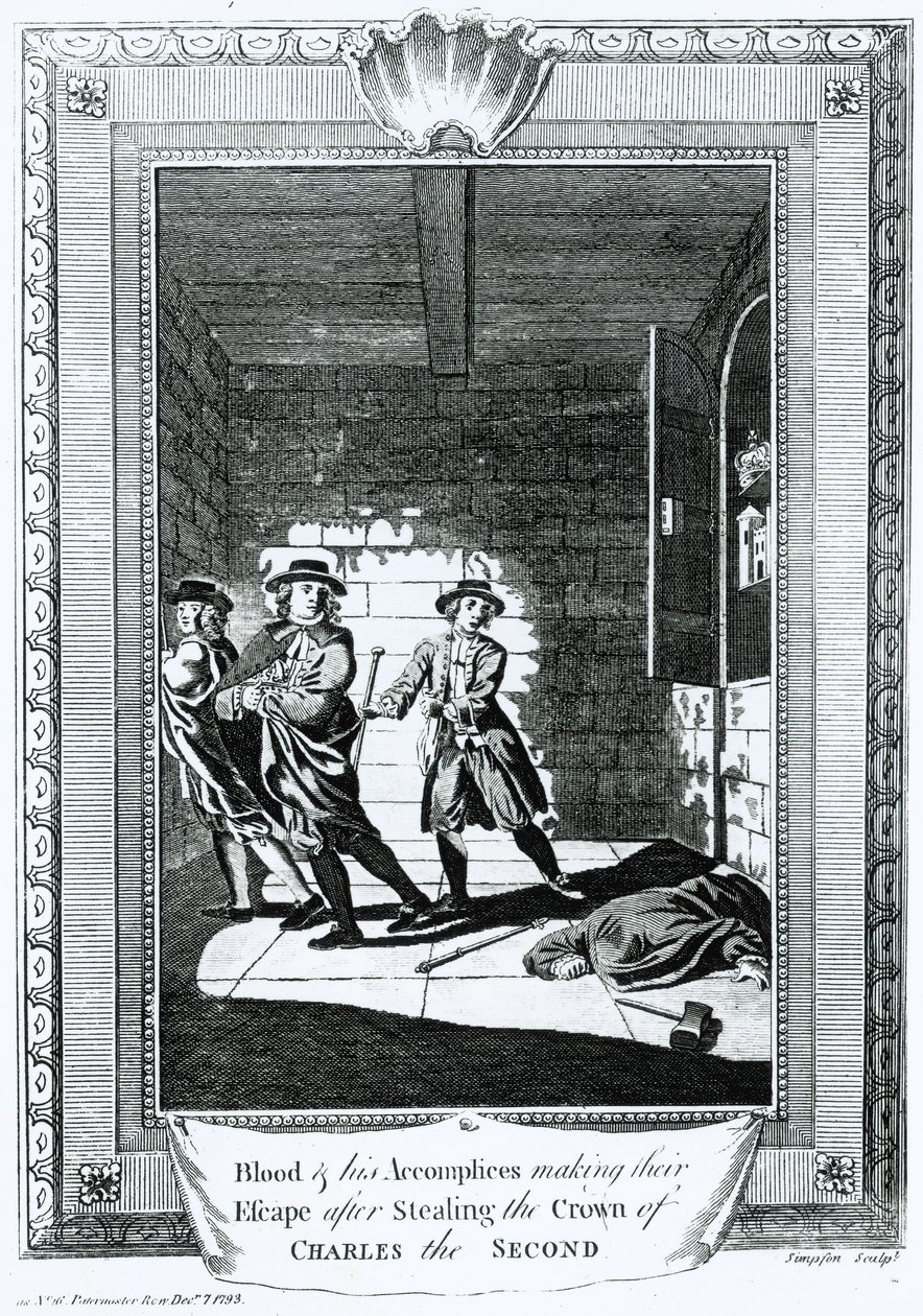 Blood ja hänen rikoskumppaninsa pakenevat Kaarle II:n kruunun varastamisen jälkeen, 1793 tekijältä T. Simpson