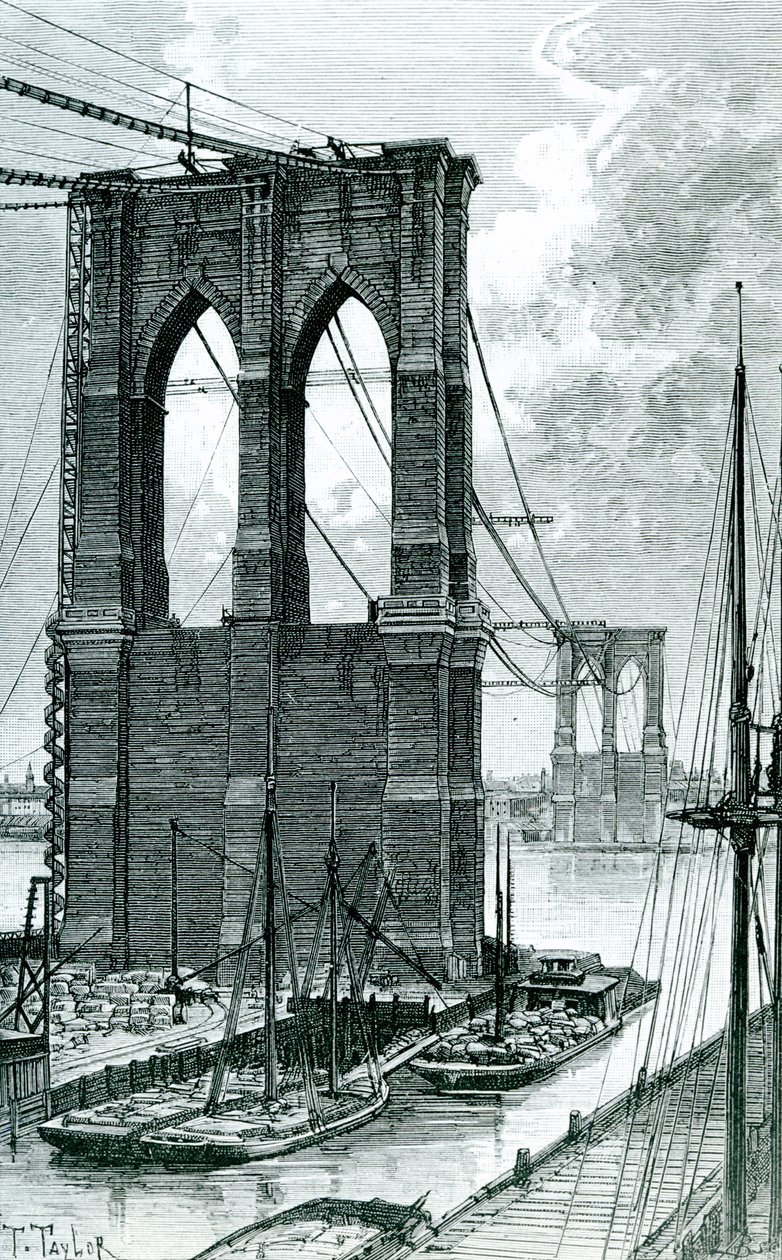 Brooklyn Bridge rakenteilla, piirretty valokuvan jälkeen, 1878 tekijältä T. Taylor