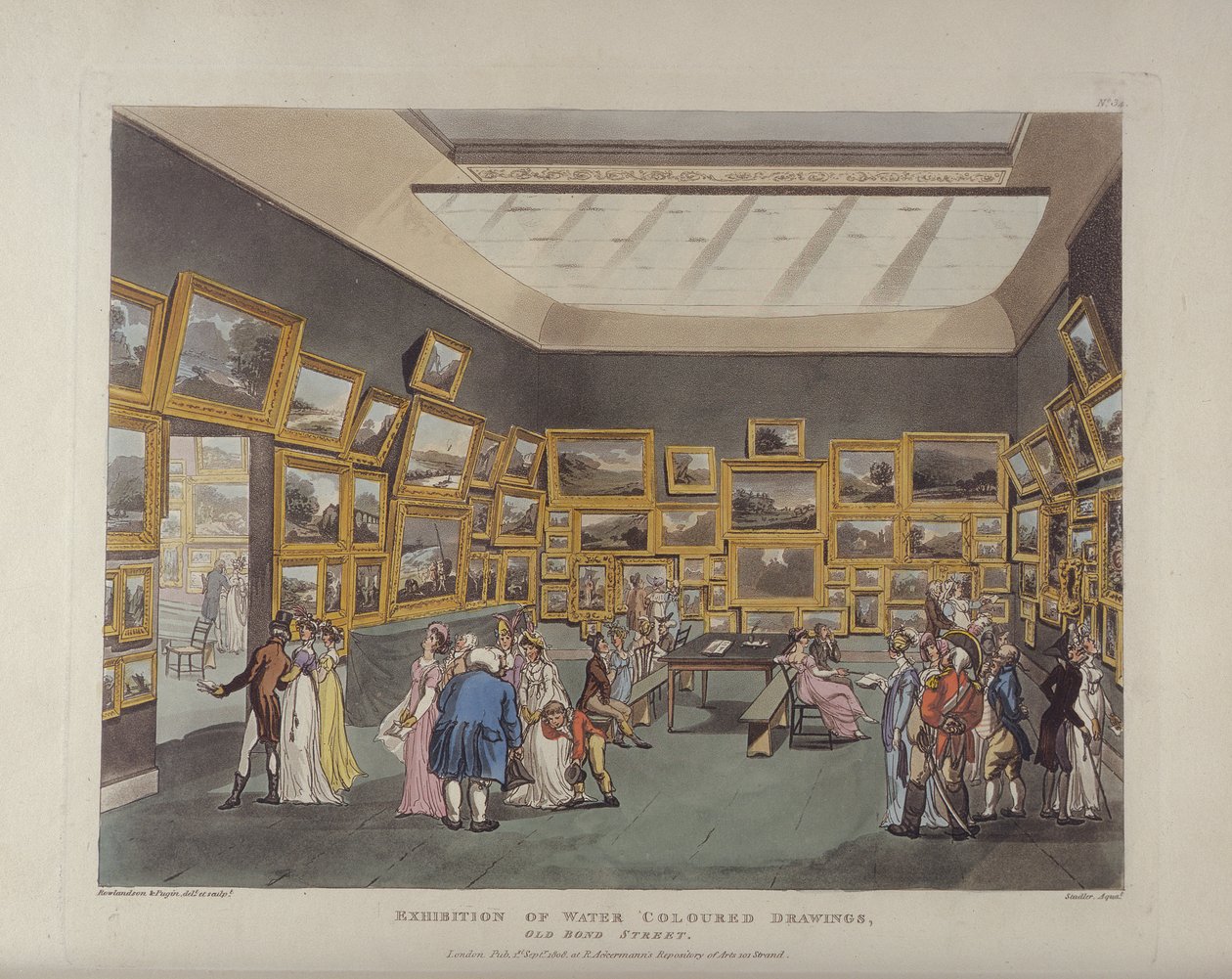 Näyttely Water Coloured Drawings, Old Bond Street, levy 34, Ackermanns Microcosm of London, tai Lontoo in Miniature, julkaisija Rudolph Ackermann (1764-1834), kaiverrus Joseph Constantin tekijältä T. and Pugin Rowlandson