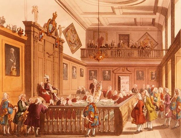 Court of Chivalry istunto Earl Marshals Courtissa College of Armsissa Lontoon Ackermanns Microcosmista, 1809 tekijältä T. and Pugin Rowlandson