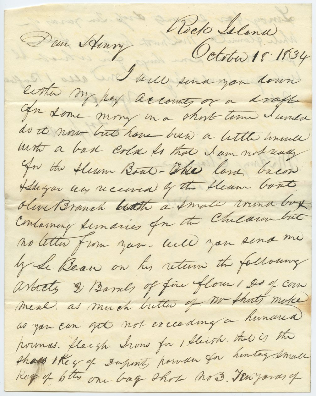 Kirje allekirjoitettu T.F. Smith, Rock Island, Henry Chouteaulle, St.Louis, Mo., 18. lokakuuta 1834 tekijältä T.F. Smith