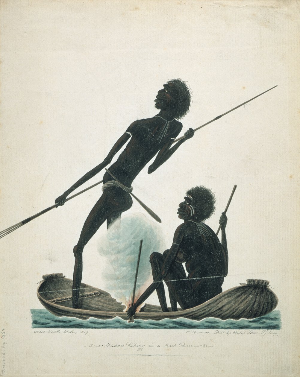 Alkuperäisasukkaat kalastamassa kuorikanootilla, 1819 tekijältä T.R. Browne