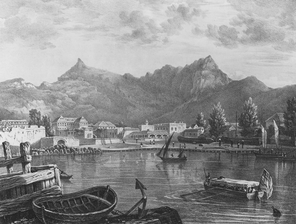 Port Louis, Mauritius, sataman itäpuolelta, n.1830 (litografia). tekijältä T. (after) Bradshaw
