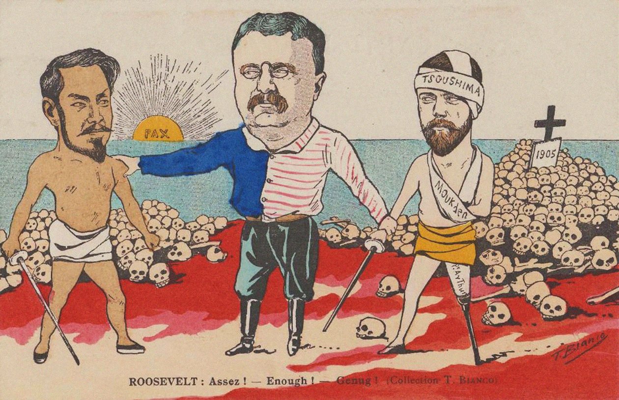 Roosevelt: Assez! - Tarpeeksi! - Genug! Karikatyyri Portsmouthin sopimuksesta, 1905. tekijältä T. Bianco