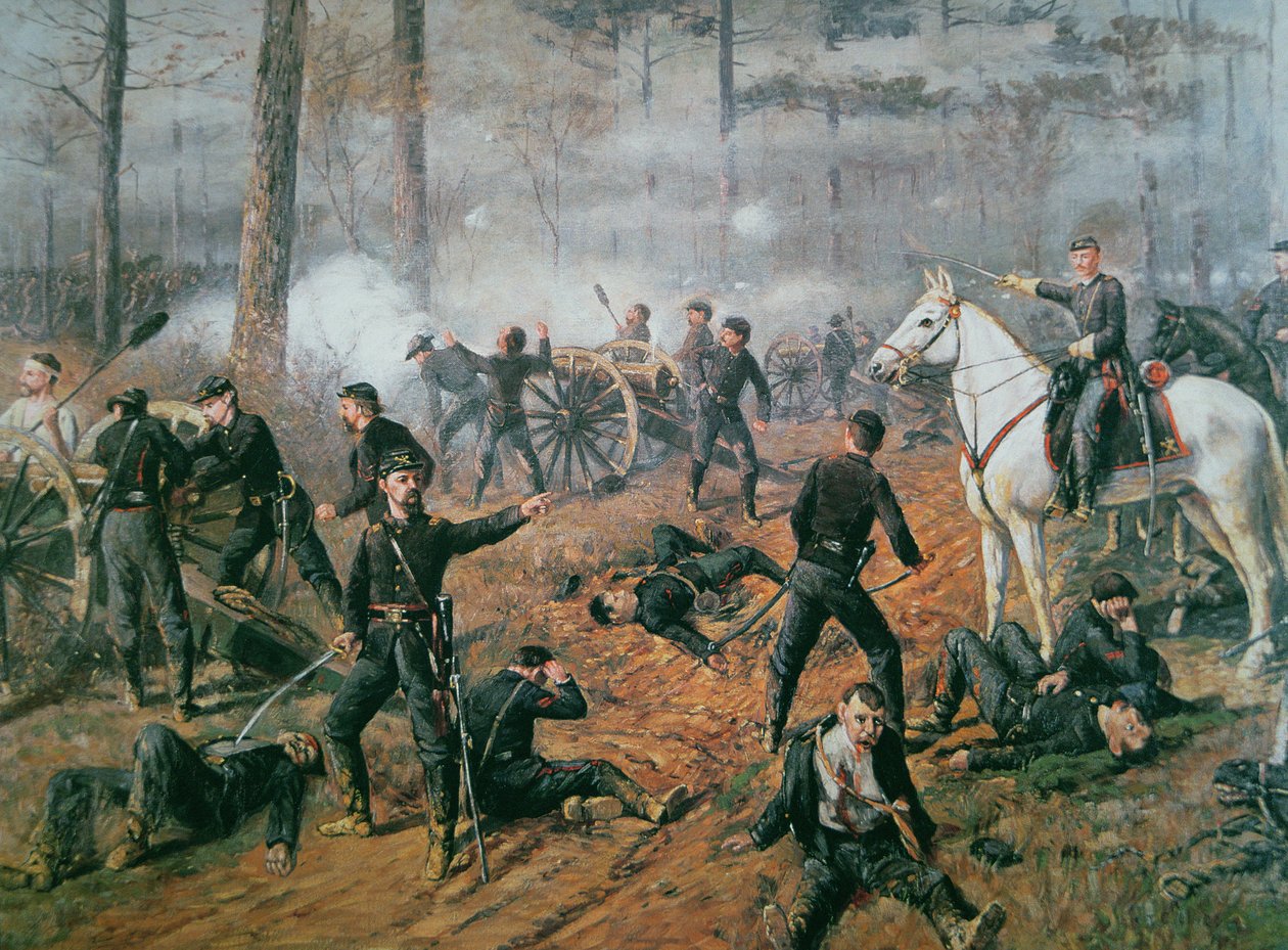 Kapteeni Hickenlooperin patteri Hornetin pesässä Shilohin taistelussa huhtikuussa 1862 (värilitho) tekijältä T. C. Lindsay
