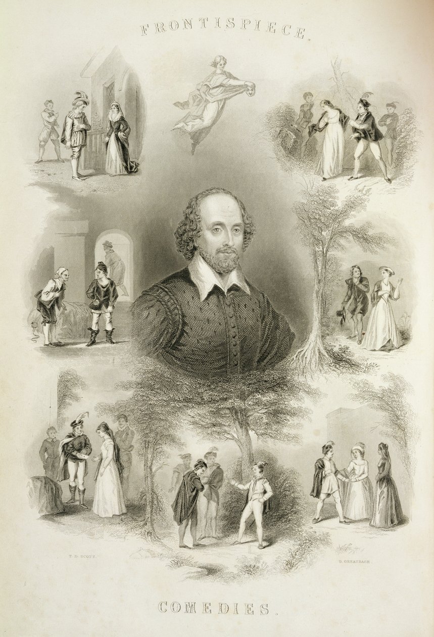 Komedioiden etukuva, teoksesta "The Complete Works of Shakespeare", jonka on tarkistanut J. O. Halliwell ja jonka on kaiverruttanut G. Greatbach, 1800-luku. tekijältä T. D. Scott
