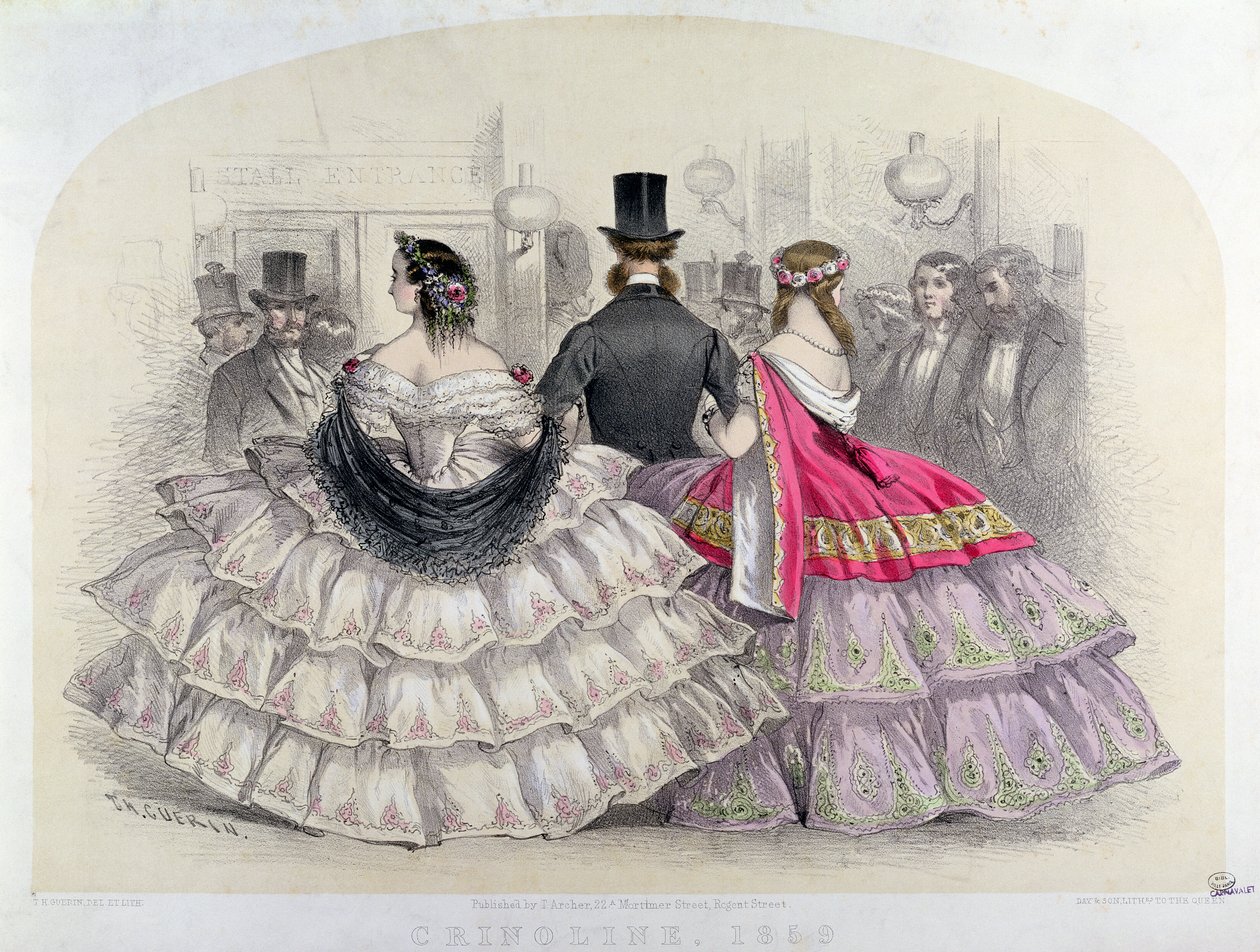 Krinoliinia pukeutuvat naiset Italian kuninkaallisessa oopperassa Covent Gardenissa, 1859 (värikaiverrus) tekijältä T. H. Guerin