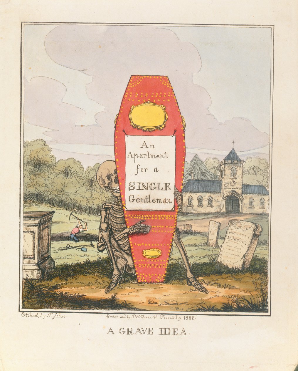 Vakava idea: Asunto naimattomalle herrasmiehelle, pubi. 1828 (värikaiverrus) tekijältä T. Hampson Jones