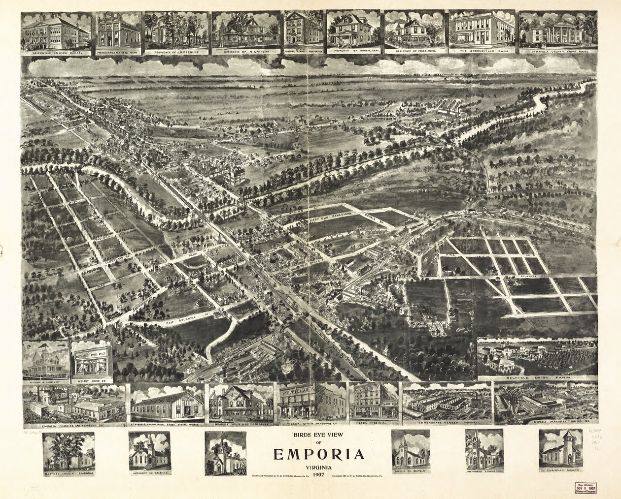 Lintuperspektiivistä Emporia, Virginia 1907. tekijältä T. M. Fowler
