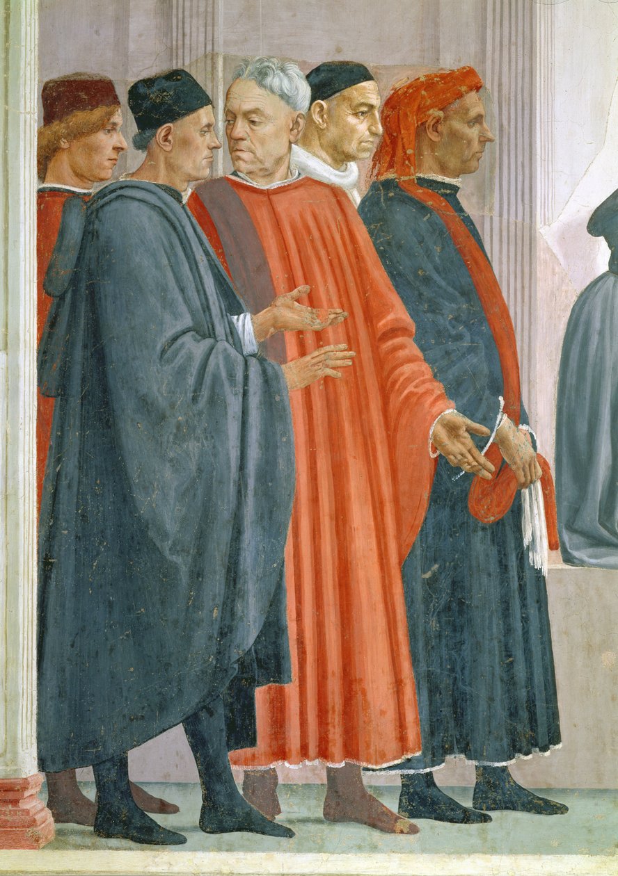 Antiokian kuninkaan Teofiluksen pojan herättäminen, yksityiskohta Antiokian kuninkaan hovin arvohenkilöistä, noin 1480, fresko ks. myös 63302. tekijältä Tommaso Masaccio