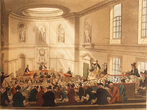 Intian talo, myyntihuone, pubi. kirjoittanut Ackermann tekijältä T. and Pugin A.C. Rowlandson