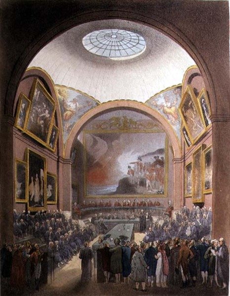 Common Council Chamber, Guildhall, "The Microcosm of London", kaiverrettu J. Black (fl.1791-1831) pub. kirjoittanut Rudolph Ackermann (1764-1834) 1808 (akvatinta) tekijältä T. and Pugin A.C. Rowlandson
