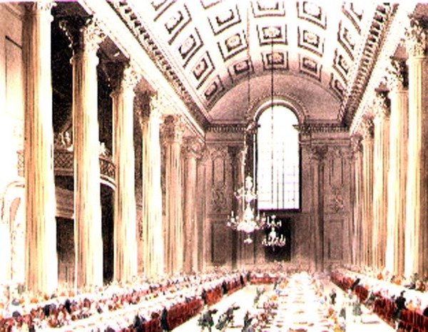Egyptiläinen sali, Mansion House, Ackermannin "Lontoon mikrokosmos" -teoksesta. tekijältä T. and Pugin A.C. Rowlandson
