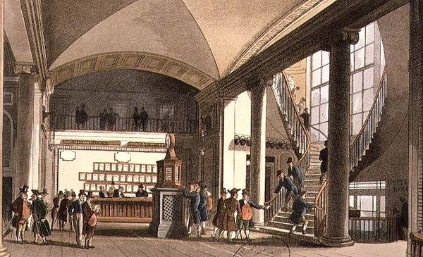 Huutokauppamarkkinoiden sali tekijältä T. and Pugin A.C. Rowlandson