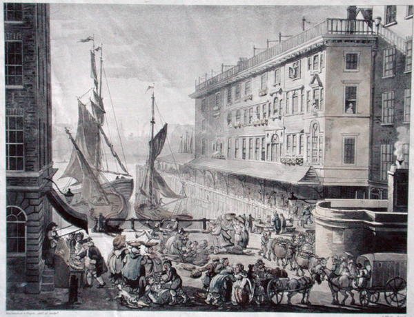 Billingsgate Market, kaiverrus J. Bluck (fl.1791-1819) (akvatinta) tekijältä T. and Pugin A.C. (after) Rowlandson