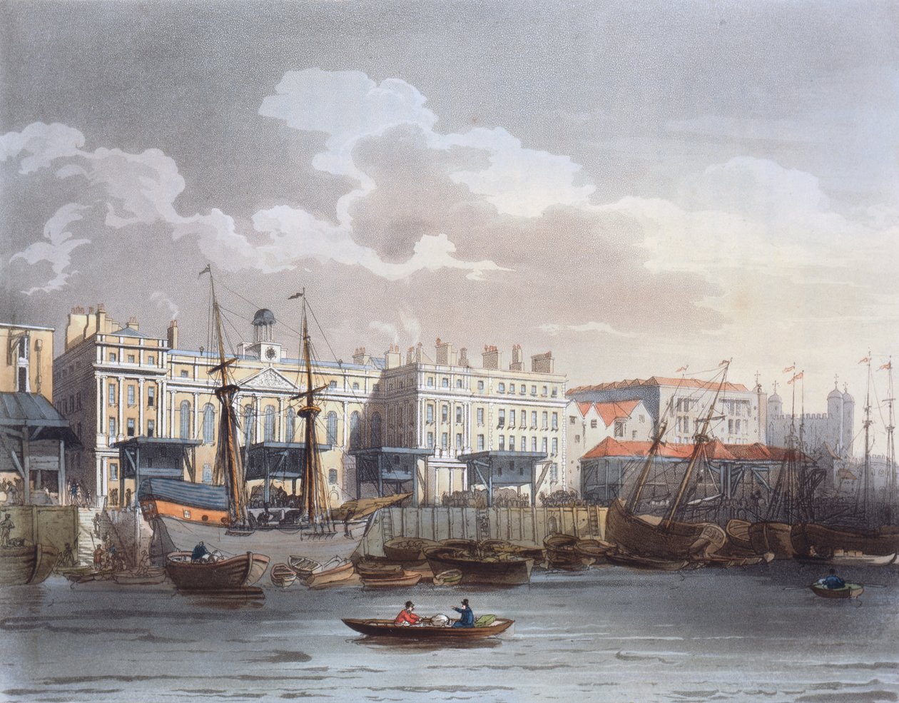 Custom House Thames-joelta, Ackermannin "Lontoon mikrokosmosta", kaivertanut John Bluck (fl.1791-1819) tekijältä T. and Pugin A.C. (after) Rowlandson