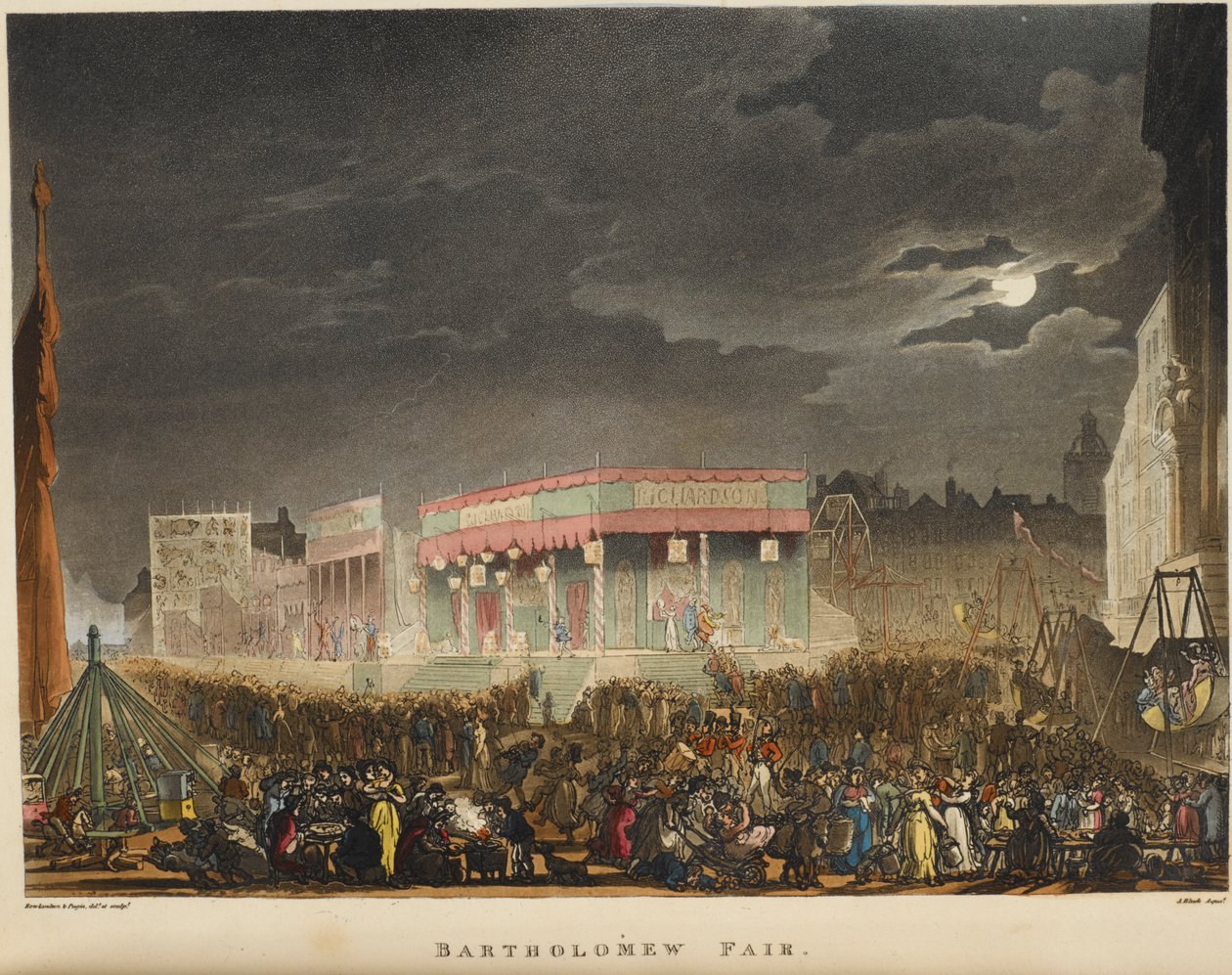 Bartolomeuksen messut. Se pidettiin ensimmäisen kerran vuonna 1813, ja se oli vuosittain elokuussa Smithfieldin lähellä ja se oli Lontoon pisimpään toiminut katuteatteri. tekijältä T. & Pugin A.C. (1762 1832) (after) Rowlandson